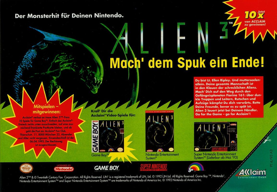 Alien³ Magazine Advertisement (Magazine Advertisements): Play Time (Germany), Issue 04/1993