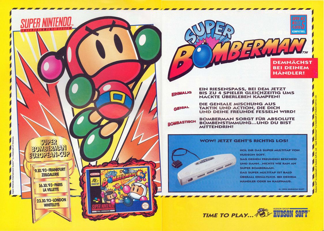 Super Bomberman Magazine Advertisement (Magazine Advertisements): Play Time (Germany), Issue 10/1993