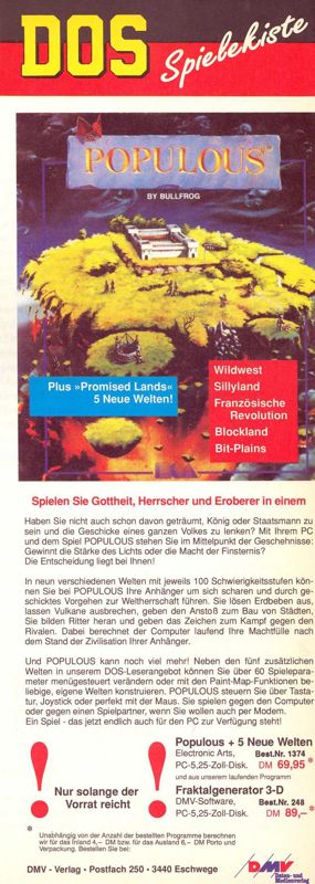 Populous / Populous: The Promised Lands Magazine Advertisement (Magazine Advertisements): ASM (Germany), Special Issue 09 (1990)