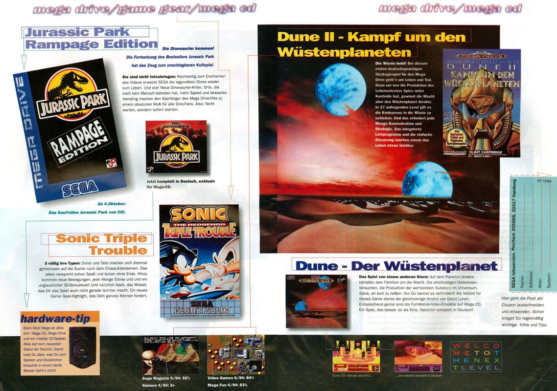 Jurassic Park: Rampage Edition Magazine Advertisement (Magazine Advertisements): Play Time (Germany), Issue 11/1994 Part 2