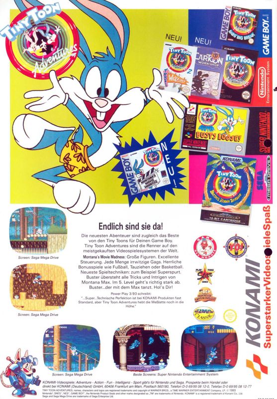 Tiny Toon Adventures 2: Montana's Movie Madness Magazine Advertisement (Magazine Advertisements): Mega Fun (Germany), Issue 02/1994
