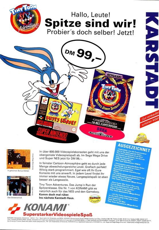 Tiny Toon Adventures: Buster Busts Loose! Magazine Advertisement (Magazine Advertisements): Mega Fun (Germany), Issue 04/1994