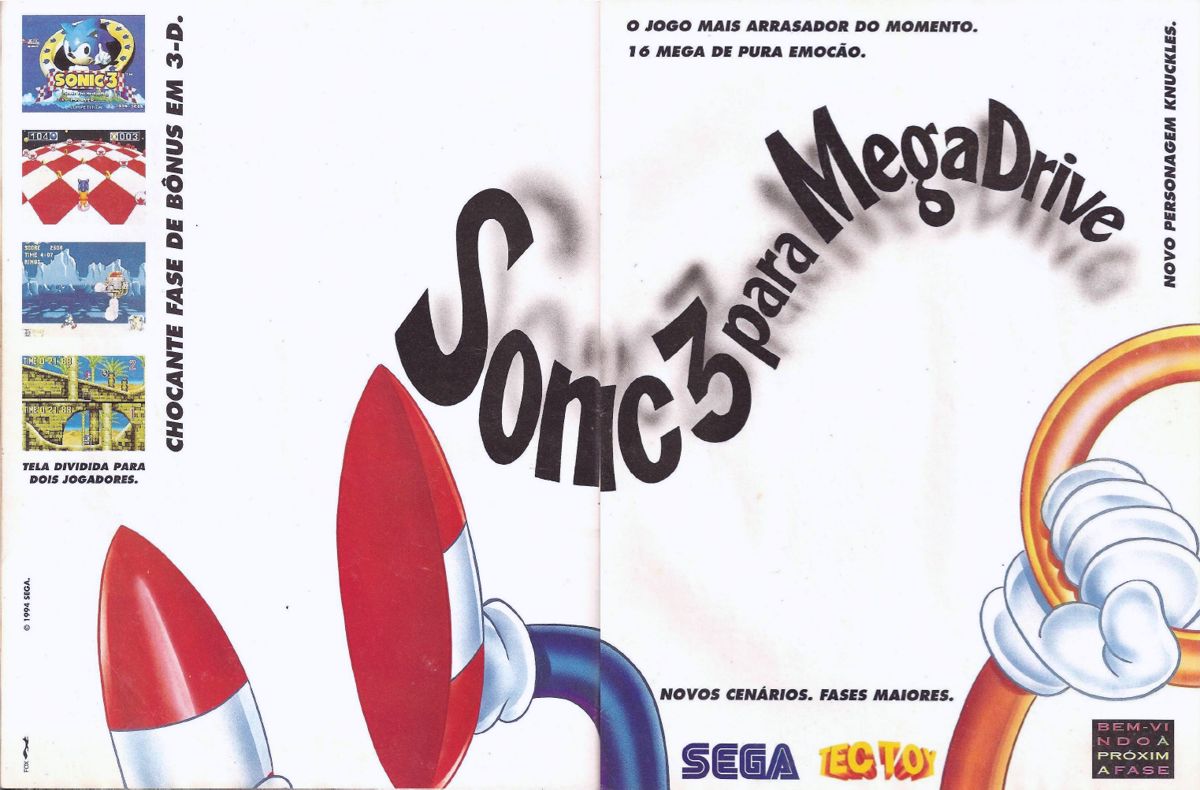 Sonic the Hedgehog 3 Magazine Advertisement (Magazine Advertisements): SuperGamePower (Brazil) Issue 1 (April 1994) pp. 22-23