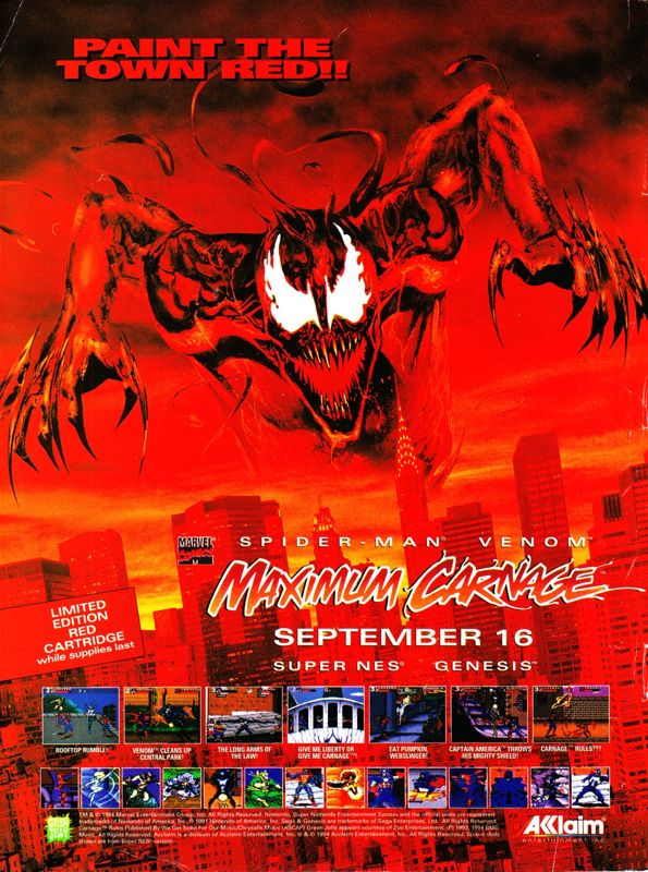 Spider-Man / Venom: Maximum Carnage Magazine Advertisement (Magazine Advertisements): GamePro (International Data Group, United States), Issue 62 (September 1994)