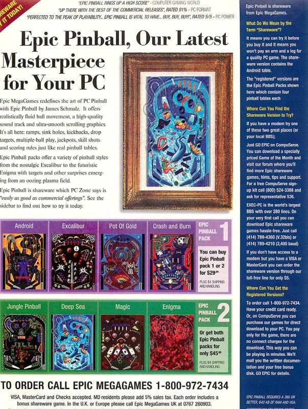 Epic Pinball Magazine Advertisement (Magazine Advertisements): Computer Gaming World (US), Number 117 (April 1994)