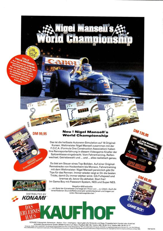 Nigel Mansell's World Championship Racing Magazine Advertisement (Magazine Advertisements): Mega Fun (Germany), Issue 05/1994