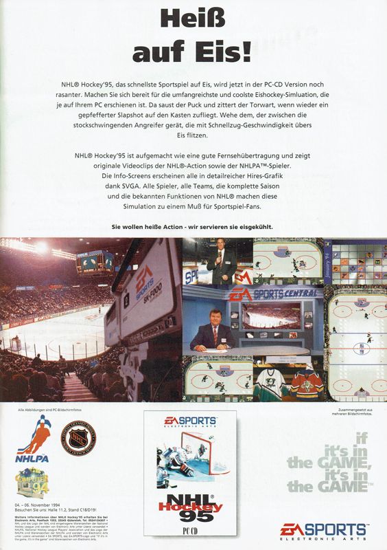 NHL 95 Magazine Advertisement (Magazine Advertisements): PC Player (Germany) - Issue 10/1994