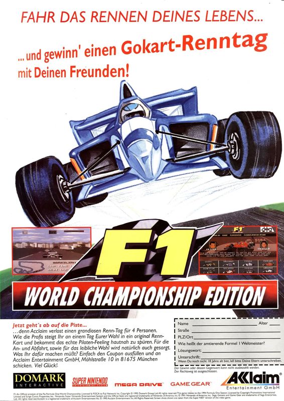 F1: World Championship Edition Magazine Advertisement (Magazine Advertisements): Mega Fun (Germany), Issue 06/1995