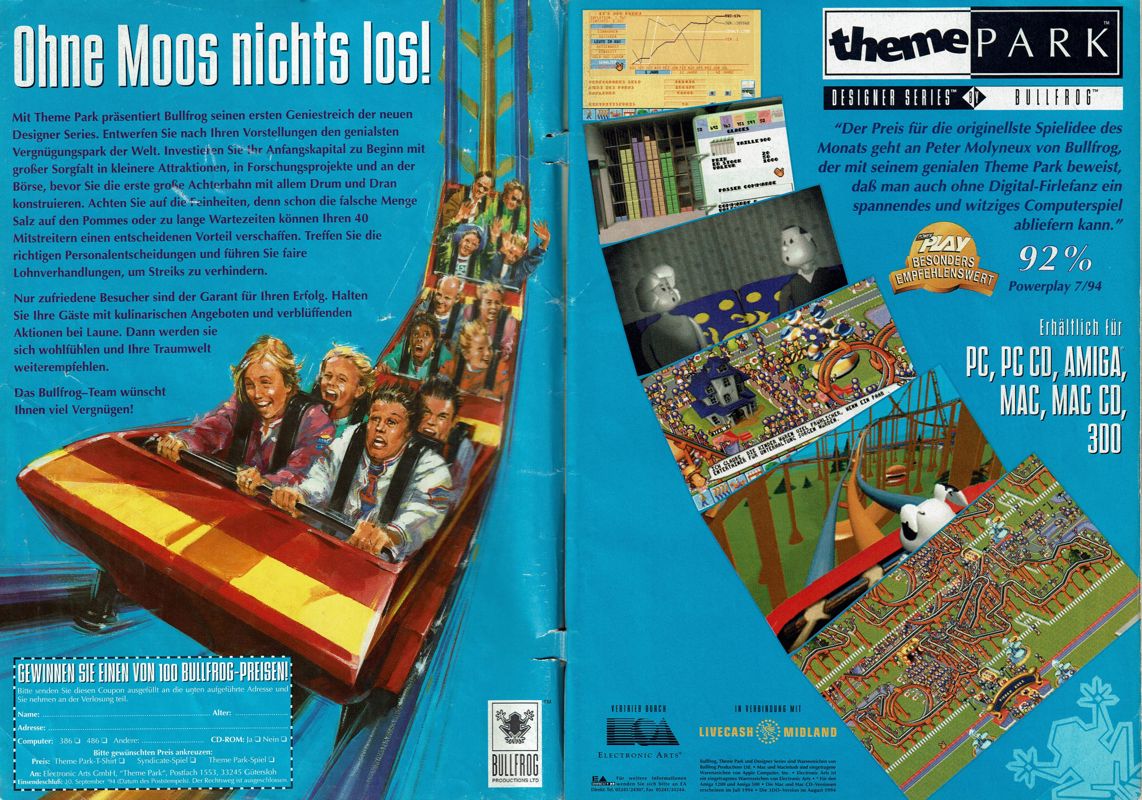Theme Park Magazine Advertisement (Magazine Advertisements): PC Player (Germany) - Issue 08/1994