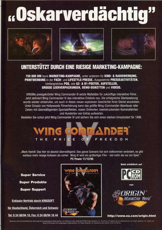 Wing Commander IV: The Price of Freedom Magazine Advertisement (Magazine Advertisements): MCV 12/95 (Germany)