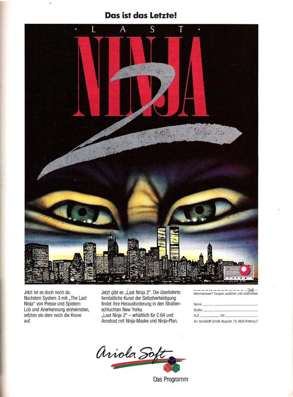 Last Ninja 2: Back with a Vengeance Magazine Advertisement (Magazine Advertisements): ASM (Germany), Issue 12/1988