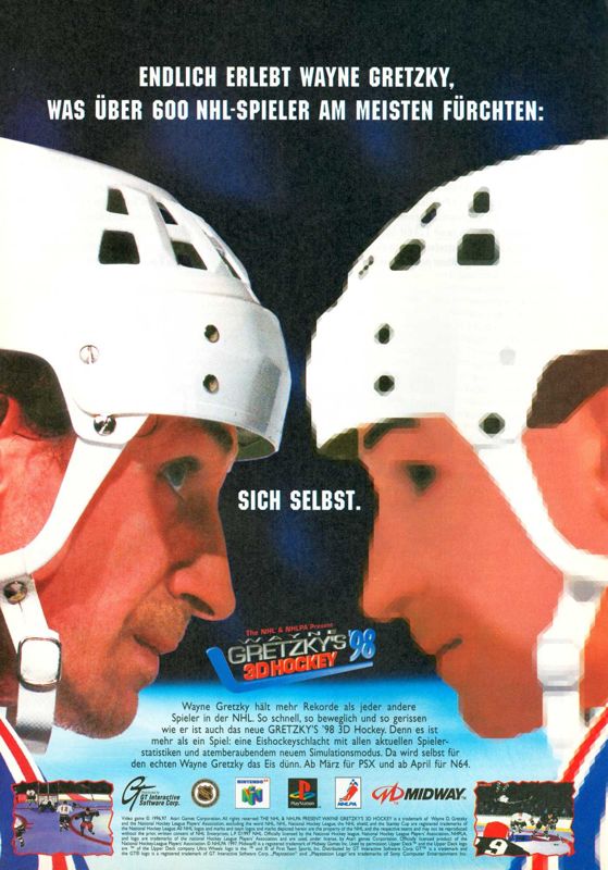 Wayne Gretzky's 3D Hockey '98 Magazine Advertisement (Magazine Advertisements): Mega Fun (Germany), Issue 07/1998