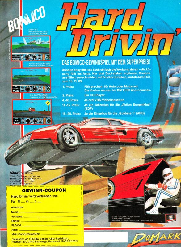Hard Drivin' Magazine Advertisement (Magazine Advertisements): ASM (Germany), Issue 11/1989