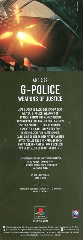 G-Police Magazine Advertisement (Magazine Advertisements): Mega Fun (Germany), Issue 10/1999