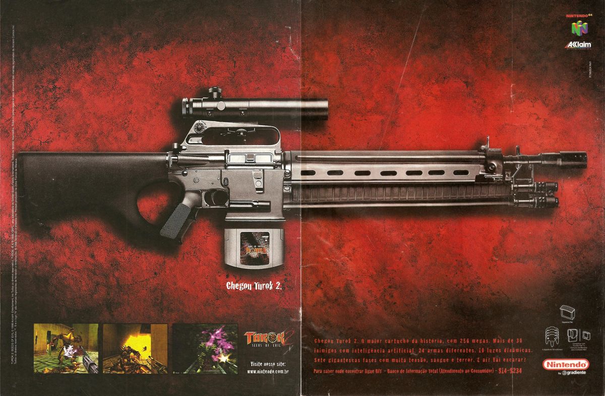 Turok 2: Seeds of Evil Magazine Advertisement (Magazine Advertisements): SuperGamePower (Brazil) Issue 56 (November 1998) pp. 2-3