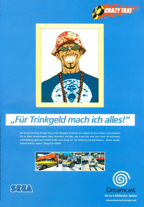 Crazy Taxi Magazine Advertisement (Magazine Advertisements): Mega Fun (Germany), Issue 04/2000 Part 2