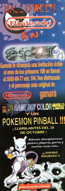 Pokémon Pinball Magazine Advertisement (Magazine Advertisements): Club Nintendo (Editorial Televisa, Mexico), Issue 95 (Year #8, No. 10 - October 1999)