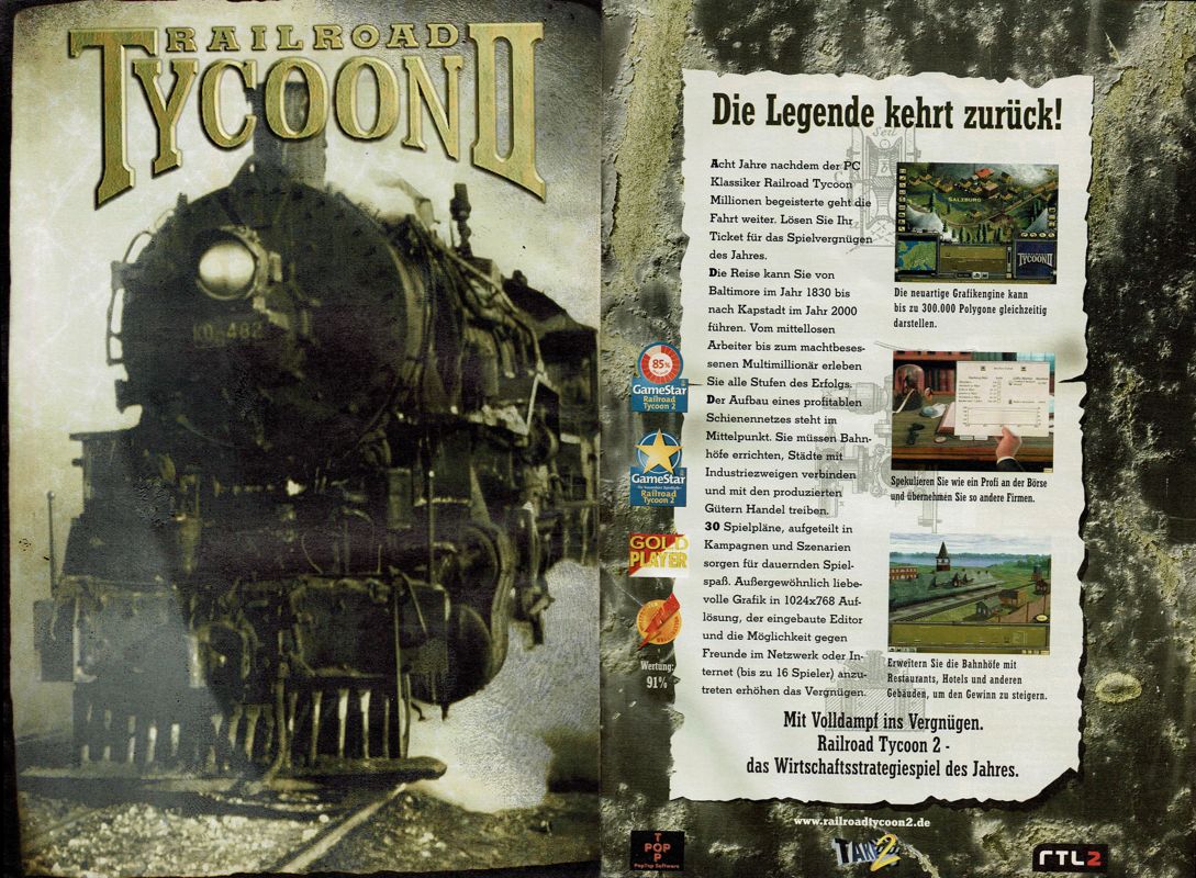 Railroad Tycoon II Magazine Advertisement (Magazine Advertisements): PC Player (Germany), Issue 01/1999