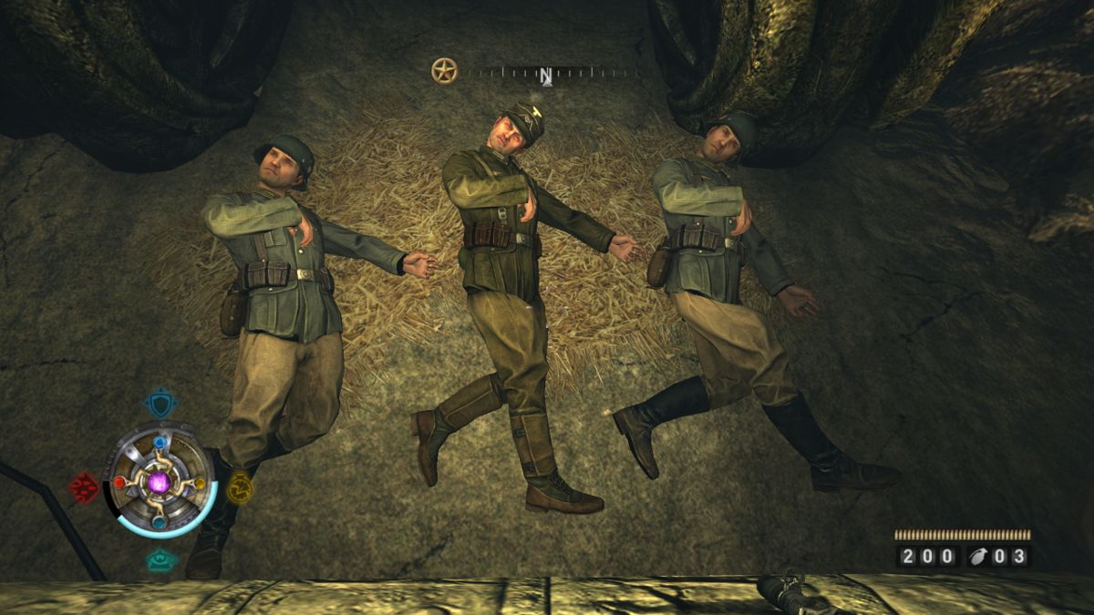 Wolfenstein (Xbox 360) screenshot: Sometimes ragdolls behave in a silly way.