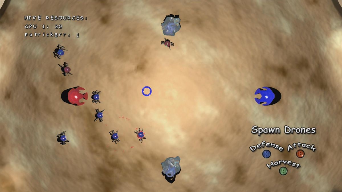 Hive (Xbox 360) screenshot: The blue side uses all resources on attack, but the red one also has a harvester on the field (trial version)
