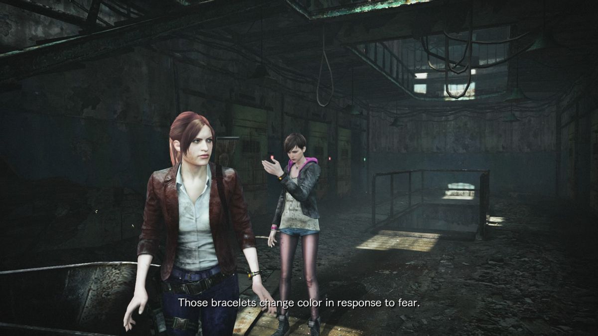 Resident Evil: Revelations 2 - Episode One: Penal Colony (PlayStation 4) screenshot: Someone is communicating with Claire and Moira through their bracelets