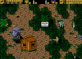 War Zone (Amiga) screenshot: Mission 1 - Boxes with "W" sign contains special weapons