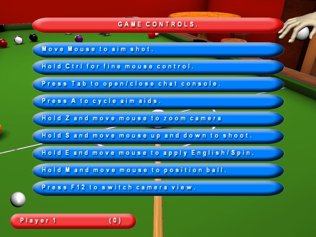 Kick Shot Pool (Windows) screenshot: Controls help screen
