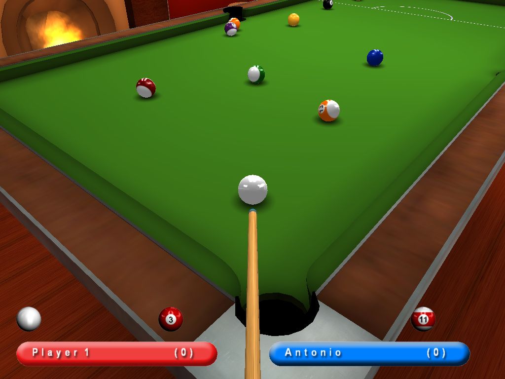 Kick Shot Pool (Windows) screenshot: More aiming. Very cozy atmosphere with the open fire next to the pool table.