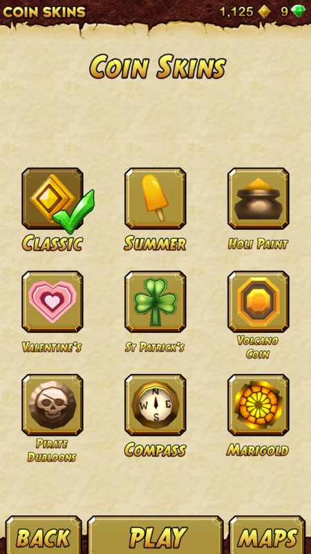 Temple Run 2 (Android) screenshot: A lot of coin skins to pick