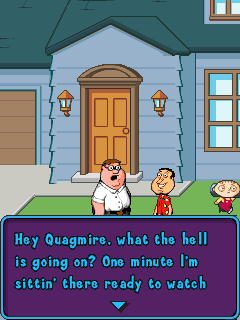 Family Guy: Uncensored (J2ME) screenshot: Peter outside, talking to Quagmire.