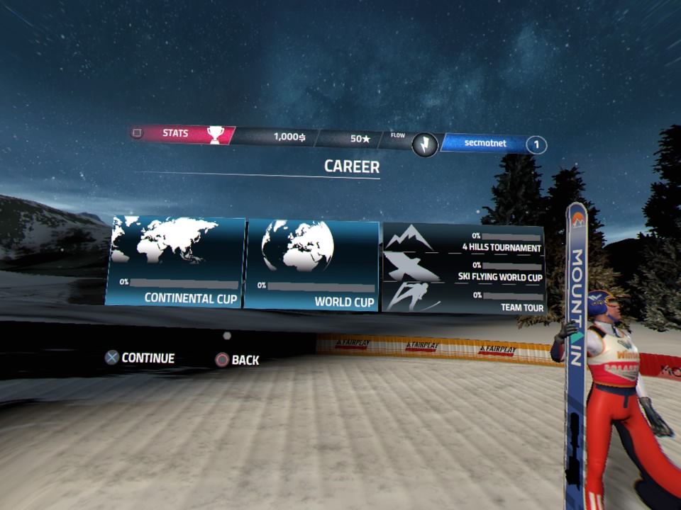Ski Jumping Pro VR (PlayStation 4) screenshot: Career menu