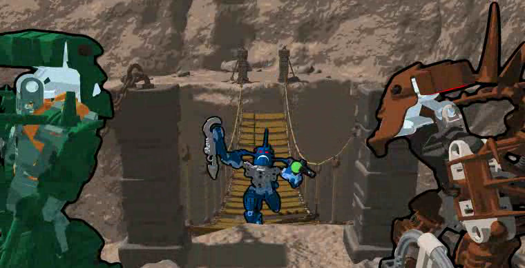 Piraka Animation 03 (Browser) screenshot: Soon afterwards, they cross a rope bridge. Naturally, it snaps.