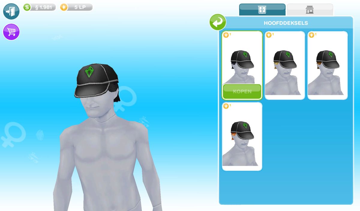 The Sims: FreePlay (Android) screenshot: These types of items can only be bought with the premium currency (Dutch version).