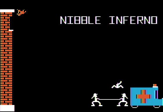 Nibble Inferno (Apple II) screenshot: Safely Bounced to the Ambulance