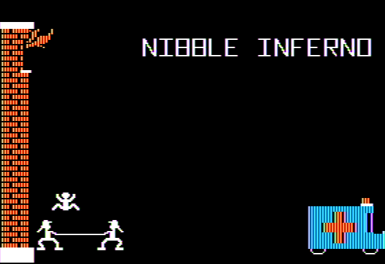 Nibble Inferno (Apple II) screenshot: A Baby is Thrown from the Building