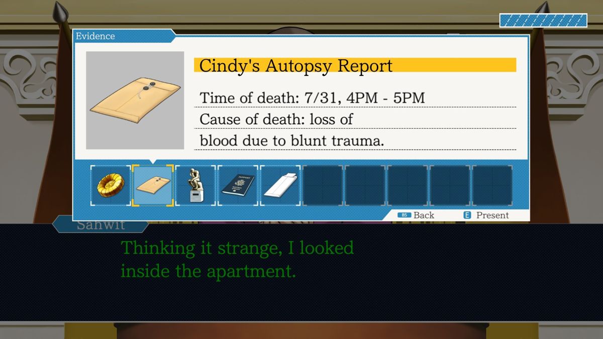 Phoenix Wright: Ace Attorney Trilogy (Windows) screenshot: Phoenix Wright 1 Reviewing evidence in the Court Record