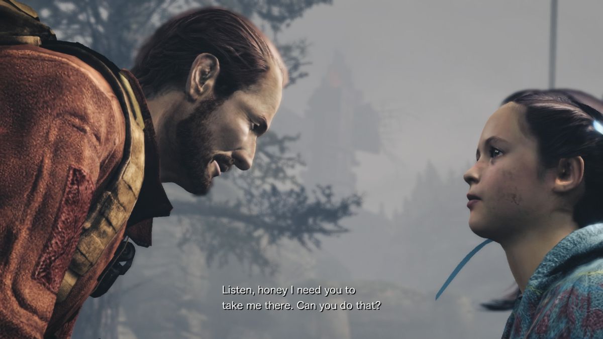 Resident Evil: Revelations 2 - Episode 2: Contemplation (PlayStation 4) screenshot: Natalia telling Barry about her encounter with his daughter, Moira