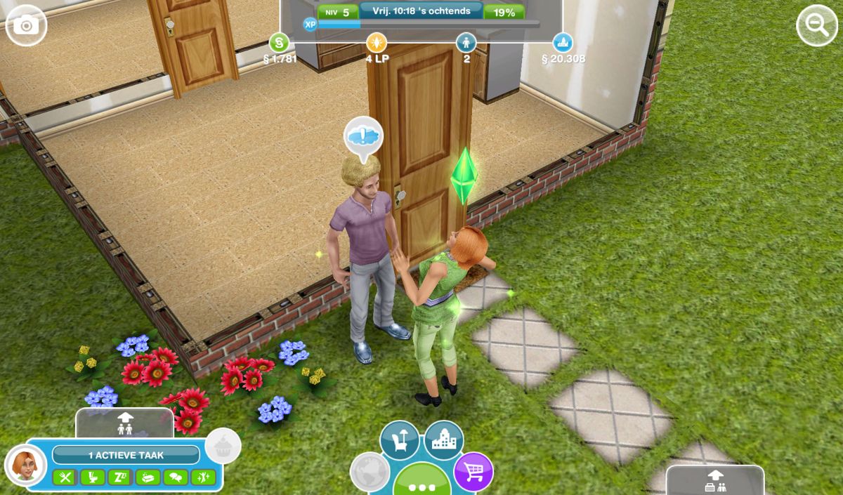 The Sims: FreePlay (Android) screenshot: A conversation between two Sims (Dutch version)