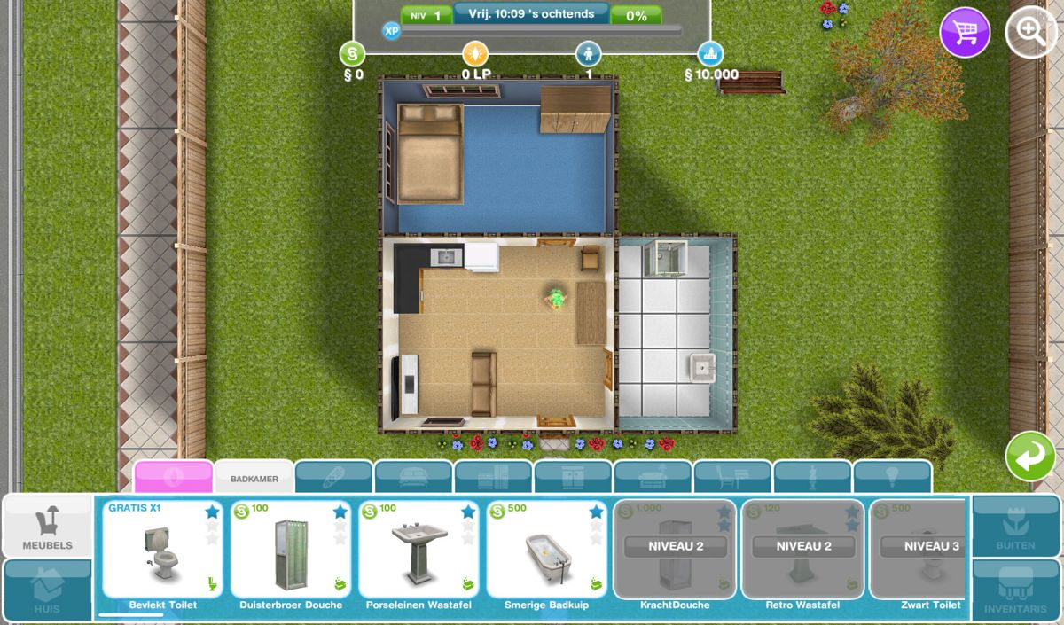 The Sims: FreePlay (Android) screenshot: Top-down view to buy items and decorate the house (Dutch version).