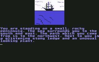 Treasure Island (Commodore 64) screenshot: Ship on the horizon.