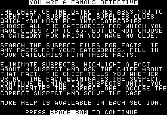 Categorizing: Detective Games (Apple II) screenshot: Instructions