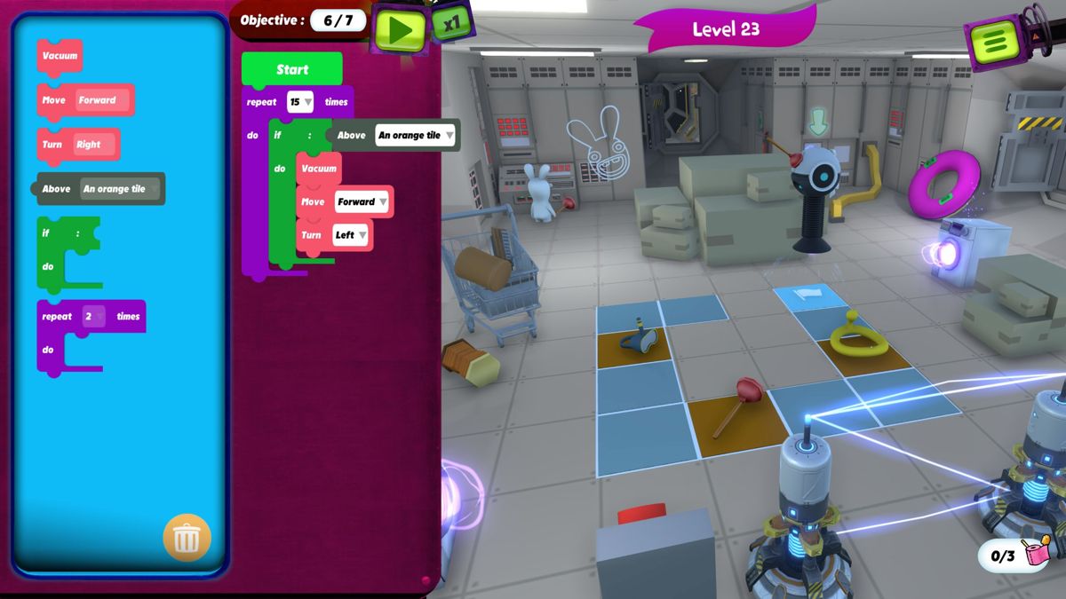 Rabbids: Coding! (Windows) screenshot: Tile colours can be used to determine an action.