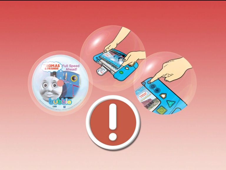 Thomas & Friends: Full Speed Ahead (Bubble) screenshot: If the DVD is loaded in the player but the Bubble controller and cartridge are not connected the game cannot play. A helpful animated sequence shows what is required