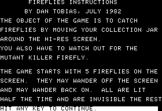 Fireflies (Apple II) screenshot: Instructions