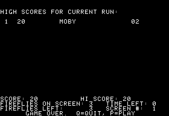 Fireflies (Apple II) screenshot: Game Over