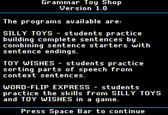 Grammar Toy Shop (Apple II) screenshot: Instructions