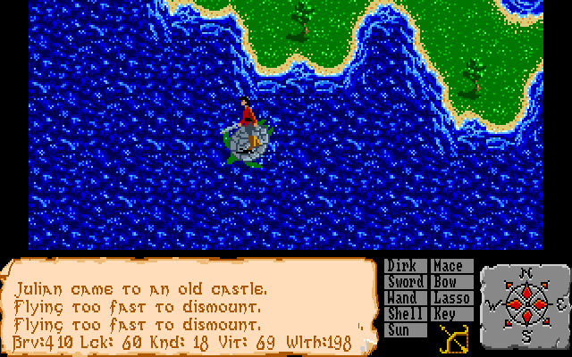 The Faery Tale Adventure: Book I (Amiga) screenshot: Riding the turtle.
