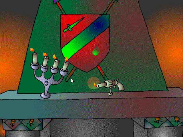 Fuzzy & Floppy: The Adventure of the Golden Bee (Windows 3.x) screenshot: Lighting up candles with a pistol lighter