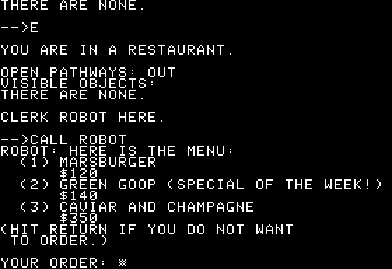 Planet of the Robots (Apple II) screenshot: Shopping at a Restaurant