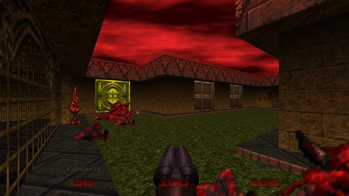 Doom 64 (Windows) screenshot: A yellow skull key is required to open this door.